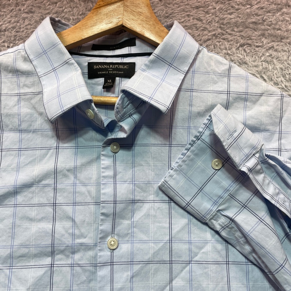 Banana Republic Men's Light Blue Windowpane Dress Shirt